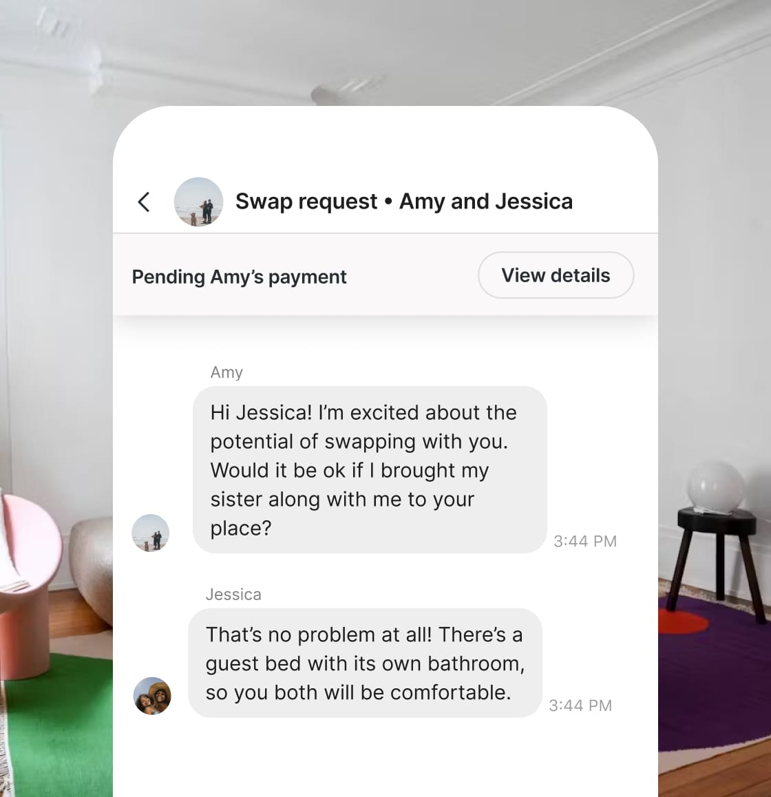 Kindred home swap members coordinating trip details through direct messaging, ensuring a personalized and seamless swapping experience with 24/7 support, flexible trip planning, and stress-free coordination without needing Concierge assistance.